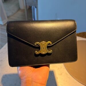 Celine Black Leather Triomphe Clutch with Gold Hardware